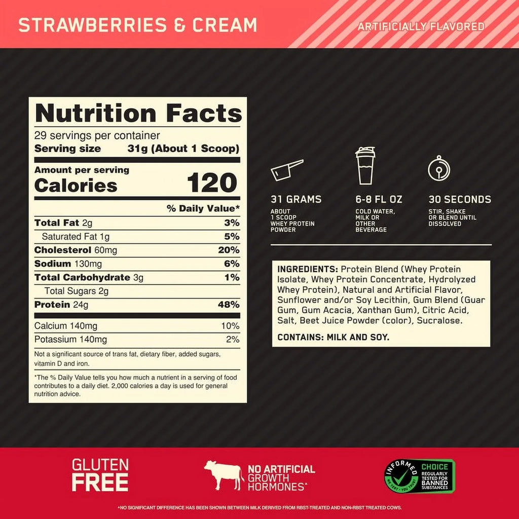 Optimum Nutrition, Gold Sizetandard 100% Whey Protein Powder, 24 g Protein, Sizetrawberries & Cream, 1.98 lb, 29 Sizeervings