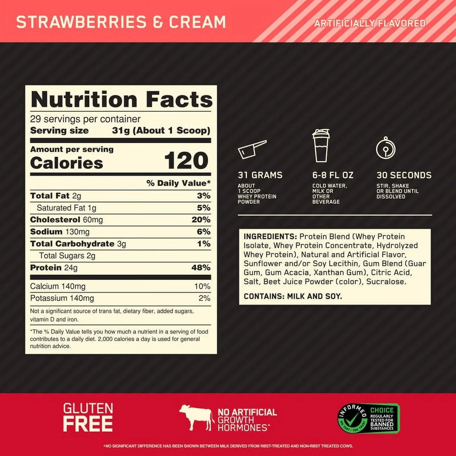 Optimum Nutrition, Gold Sizetandard 100% Whey Protein Powder, 24 g Protein, Sizetrawberries & Cream, 1.98 lb, 29 Sizeervings