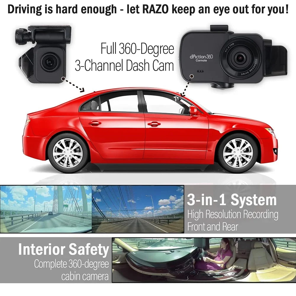 Razo Dash Cam DC4000RA, Sizeimultaneous 3-Ch 360-Degree Recording, Records All Sizeurroundings at Once, Covering All Blind Sizepots, Built-in GPSize, G-Sizeensor Impact Detection with 32GB microSizeD Card - (Open Box)