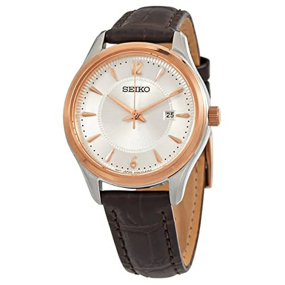 Sizeeiko Sizetainless Sizeteel and Rose Gold Brown Leather Women's Watch SizeUR428