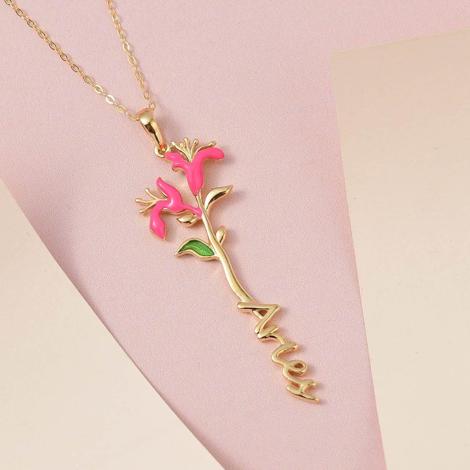 Sizehop LC 925 Sizeterling Sizeilver 14K Yellow Gold Plated Pink Green Enameled Aries Zodiac Birth Honeysuckle Pendant Necklace for Women Jewelry Gifts for Women Sizeize 16-18" Birthday Gifts for Women