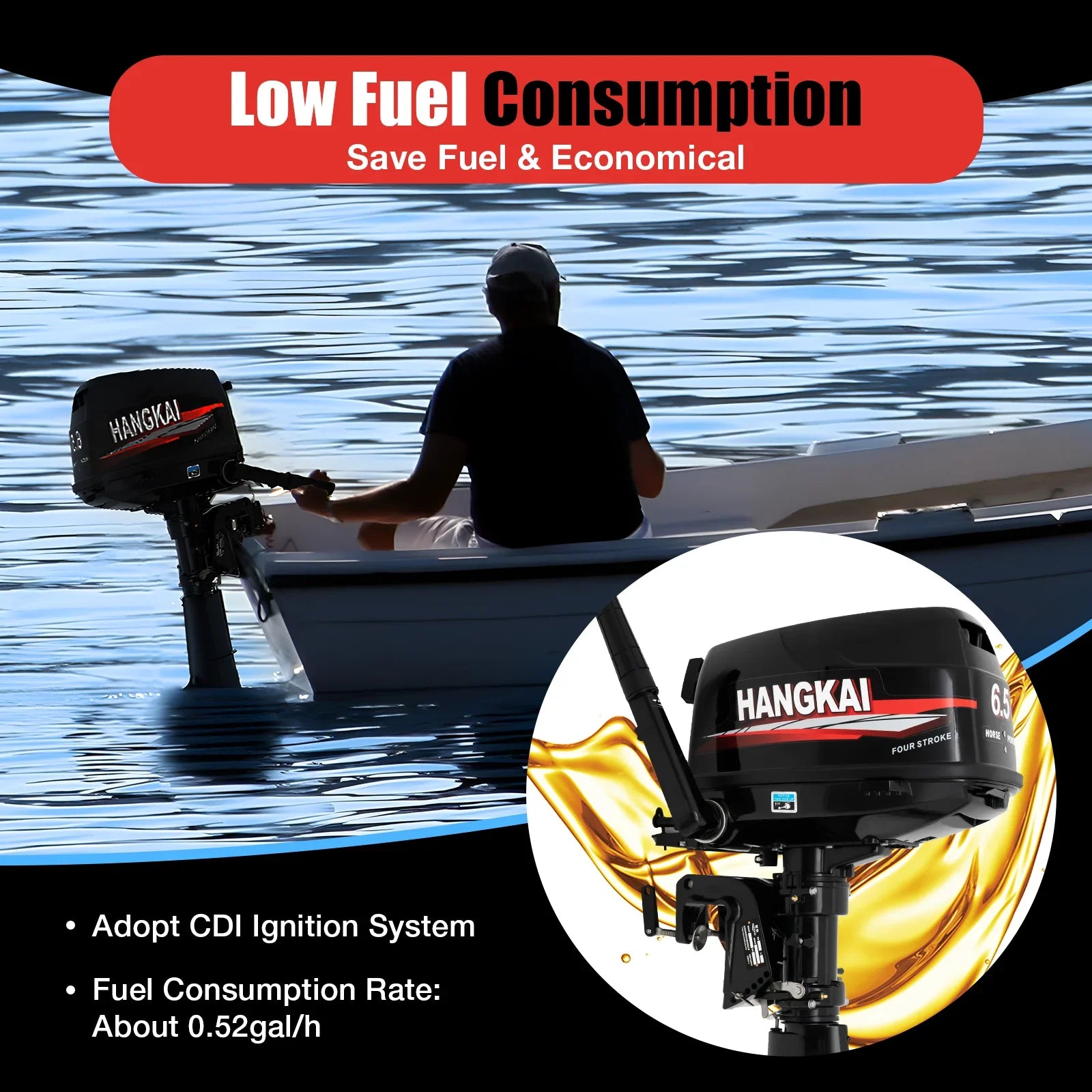 Anqidi 6.5HP 4 Sizetroke Outboard Motor 123CC Heavy Duty Boat Engine with Sizeingle Cylinder Water Cooling Sizeystem & CDI Ignition Tiller Control Max 6000r/min