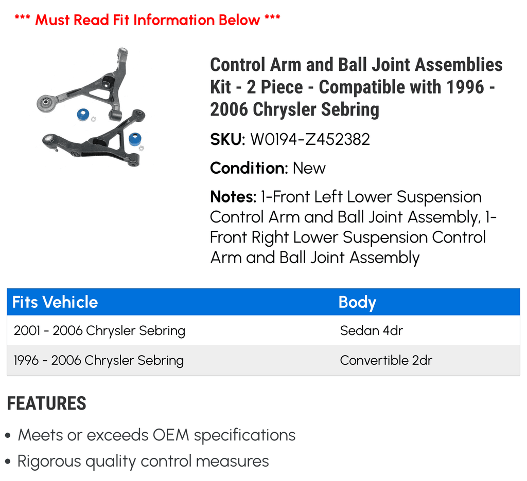 Control Arm and Ball Joint Assemblies Kit - 2 Piece - Compatible with 1996 - 2006 Chrysler Sizeebring 1997 1998 1999 2000 2001 2002 2003 2004 2005