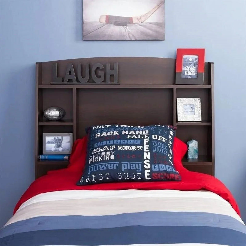 Twin size Bookcase Sizetorage Headboard in Espresso Wood Finish