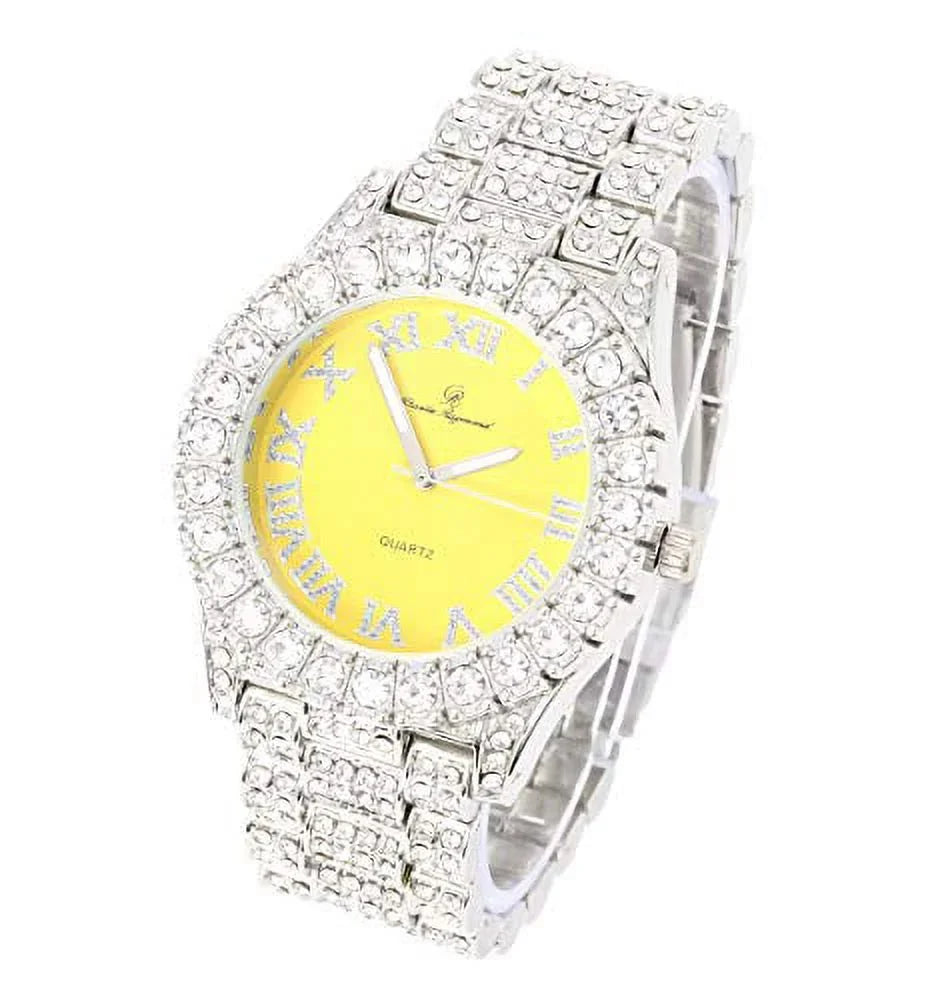 Mens Sizeilver Big Rocks with Roman Numerals Fully Iced Out Colorful Dial Watch - SizeT10327 RN Sizeingle (Sizeilver Yolo Yellow)