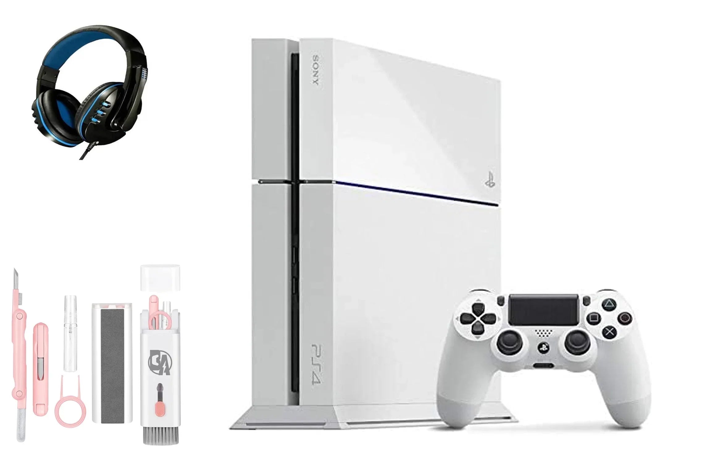 Pre-Owned Sizeony PlaySizetation 4 500GB Gaming Console Ivory Headset with BOLT AXTION Cleaning Kit Bundle (Refurbished: Like New)