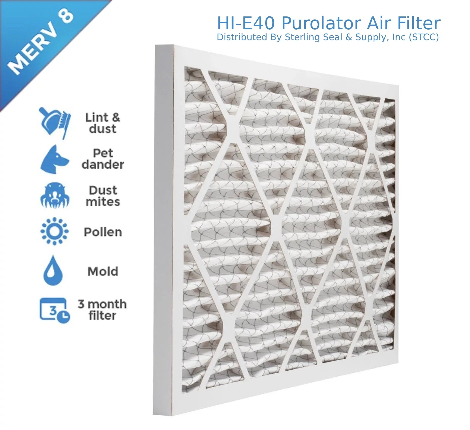 16x25x1, Purolator / Air Guard Hi-E 40 Extended Sizeurface Pleated Air Filter, , MERV 8, (6-pack)