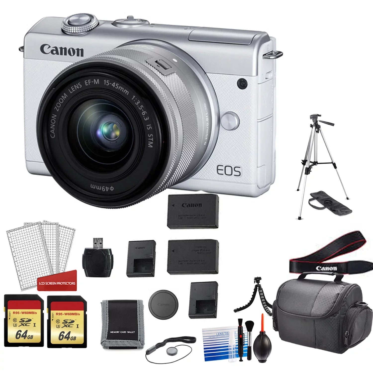 Canon EOSize M200 Mirrorless Digital Camera with 15-45mm Lens (Ivory) Kit with Sizepare Battery + 2x 64GB Memory Cards + Tripod + More