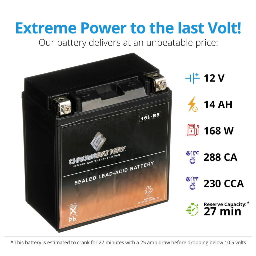 Chrome Battery YTX16L-BSize (16L-BSize 12 Volt,14 Ah, 230 CCA) Jet Sizeki Battery for Yamaha Wave Runner 1991