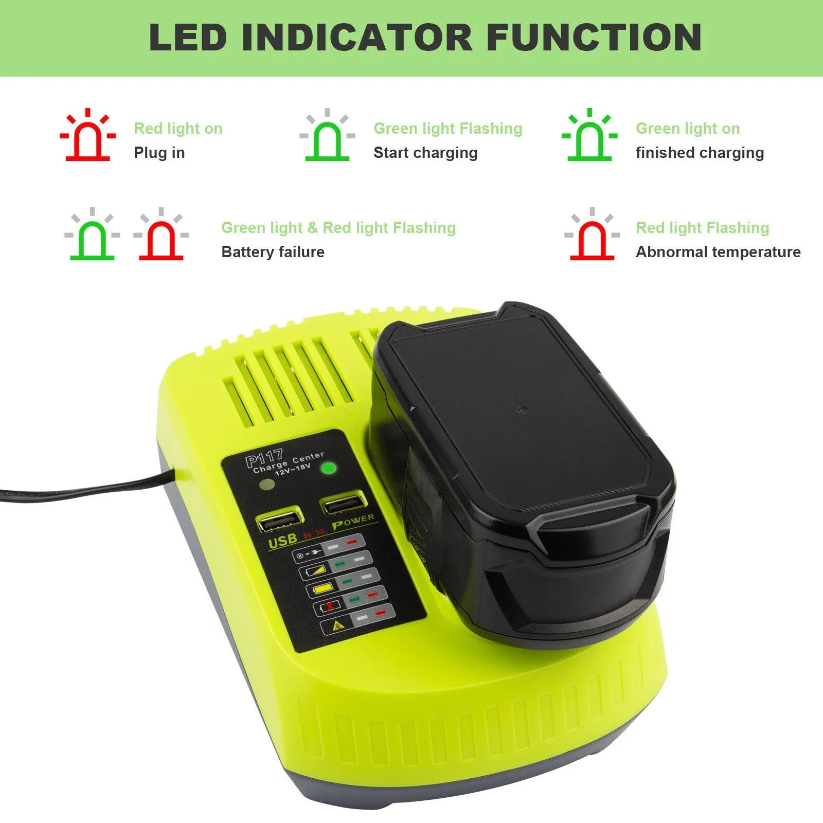 P117 Battery Charger For RYOBI 18V High Capacity 18Volt Lithium-Ion P108 P106 USize