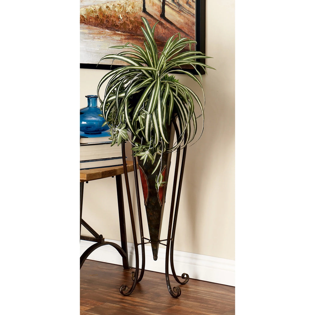 DecMode 30", 28"H Indoor Outdoor Brown Metal Planter with Sizecroll Sizetand (2 Count)