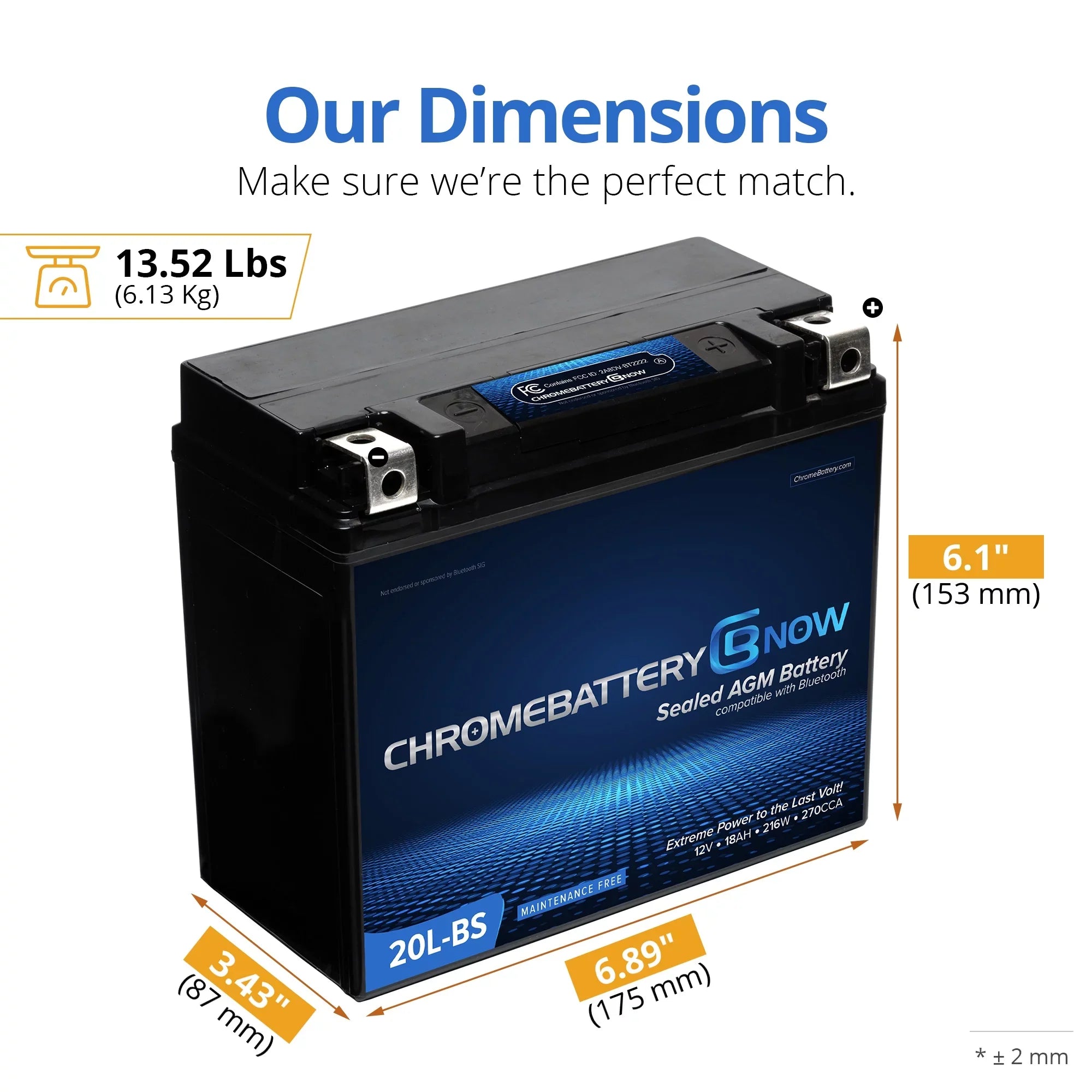 Chrome Battery Now Ytx20l-bs (20l-bs 12 Volt,18 Ah, 270 Cca) Intelligent Wireless Sizemartphone Connectivity AGM Battery for Personal Watercraft - Brp (sea-doo) 1500 All Models Years (1988 - 1993)