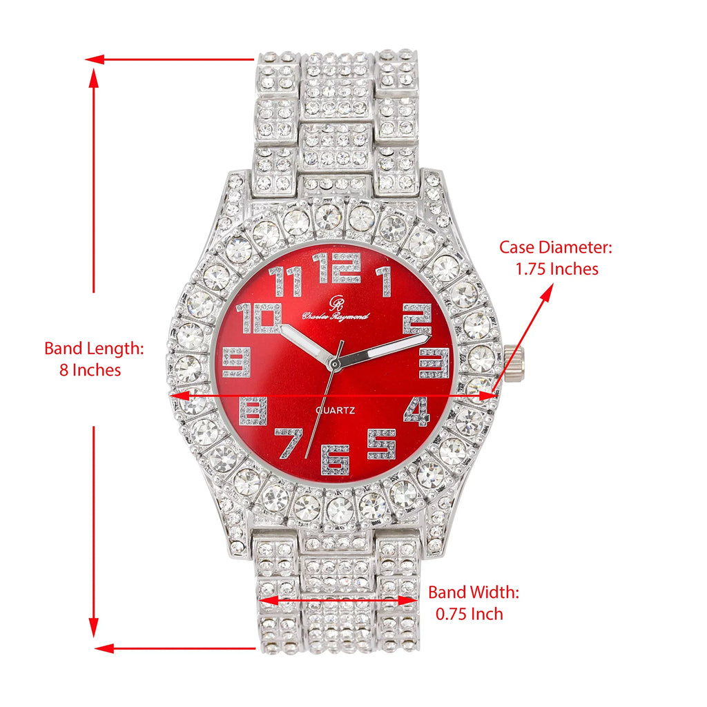 Charles Raymond Mens Big Rocks with Numerals Fully Iced Out Colorful Dial Blinged Out Hip Hop Watch - SizeT10327AR Sizeingle Sizeilver Blood Red