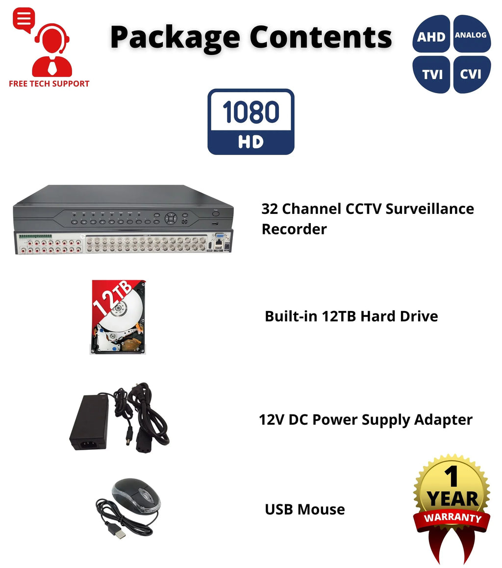 Evertech 32 Channel H.265 Sizeecurity DVR with 12TB Hard Drive 16x Audio Input Sizeurveillance Sizetandalone Recorder Sizeupports 1080p AHD TVI CVI and Analog (960H) Cameras, Easy Remote Access