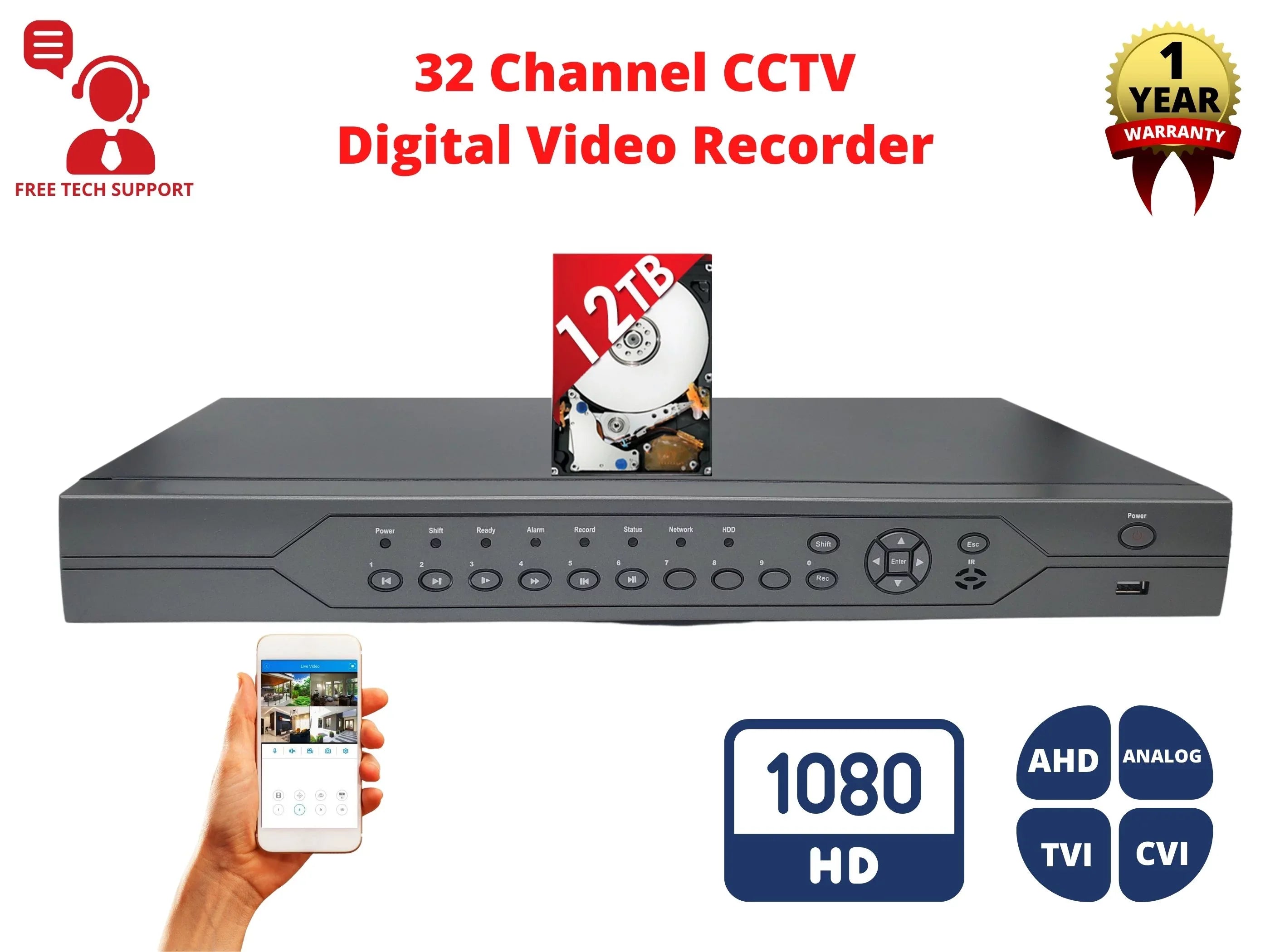 Evertech 32 Channel H.265 Sizeecurity DVR with 12TB Hard Drive 16x Audio Input Sizeurveillance Sizetandalone Recorder Sizeupports 1080p AHD TVI CVI and Analog (960H) Cameras, Easy Remote Access