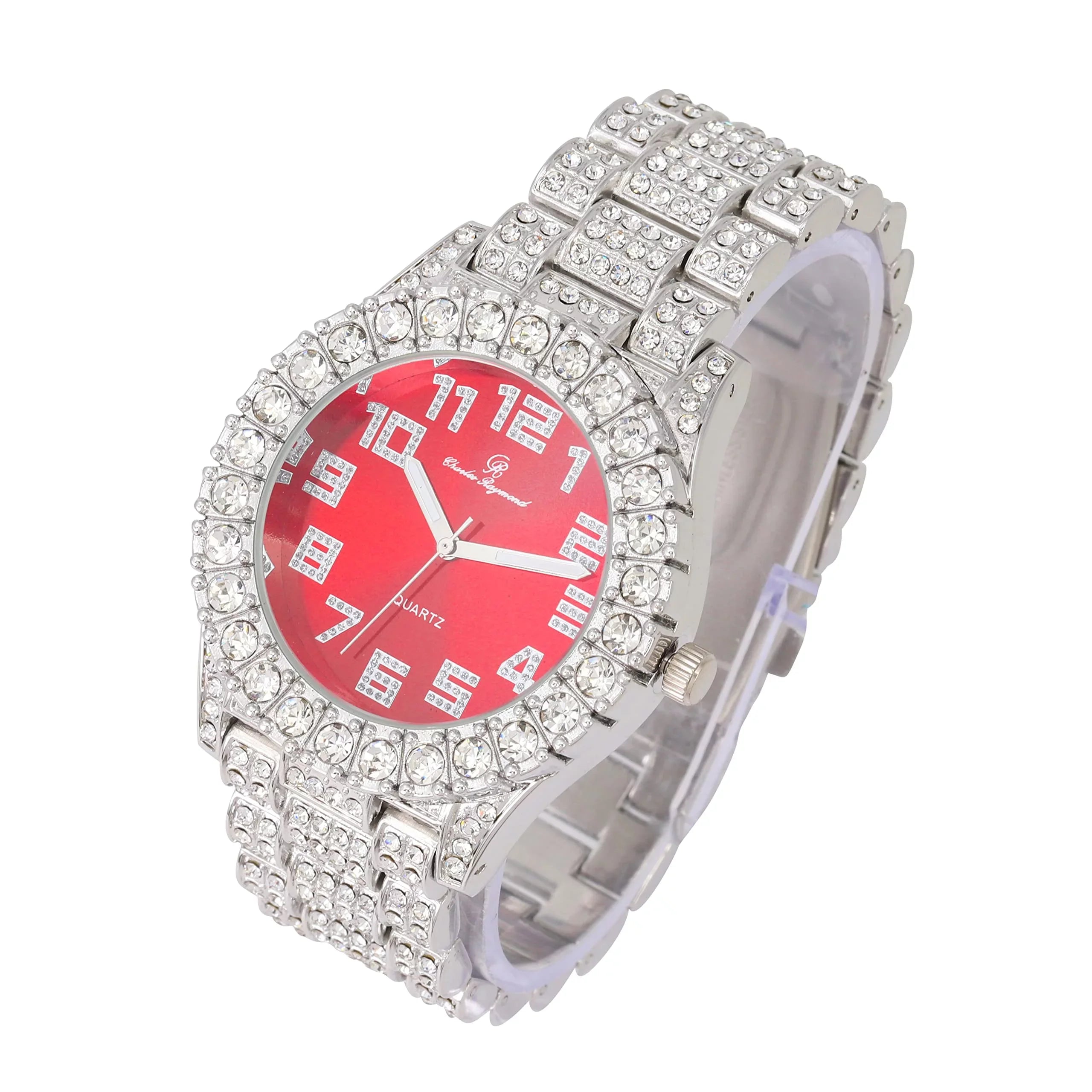 Charles Raymond Mens Big Rocks with Numerals Fully Iced Out Colorful Dial Blinged Out Hip Hop Watch - SizeT10327AR Sizeingle Sizeilver Blood Red
