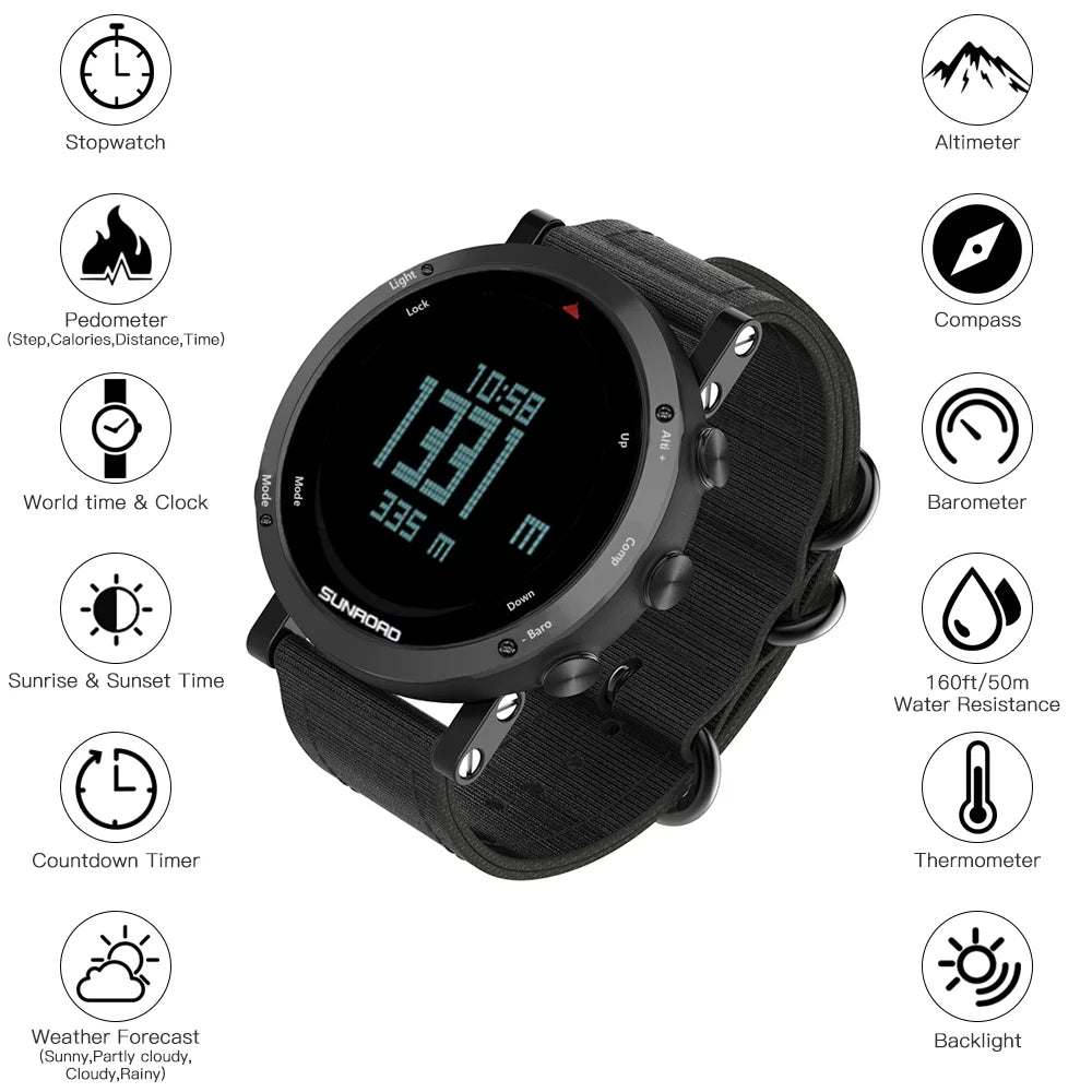 Barometer Altimeter Compass  Weather Forecast Men Watch 50meters -resistant Multifunctional Outdoor Sizeports Watch for Mountaineering Running Trekking Camping