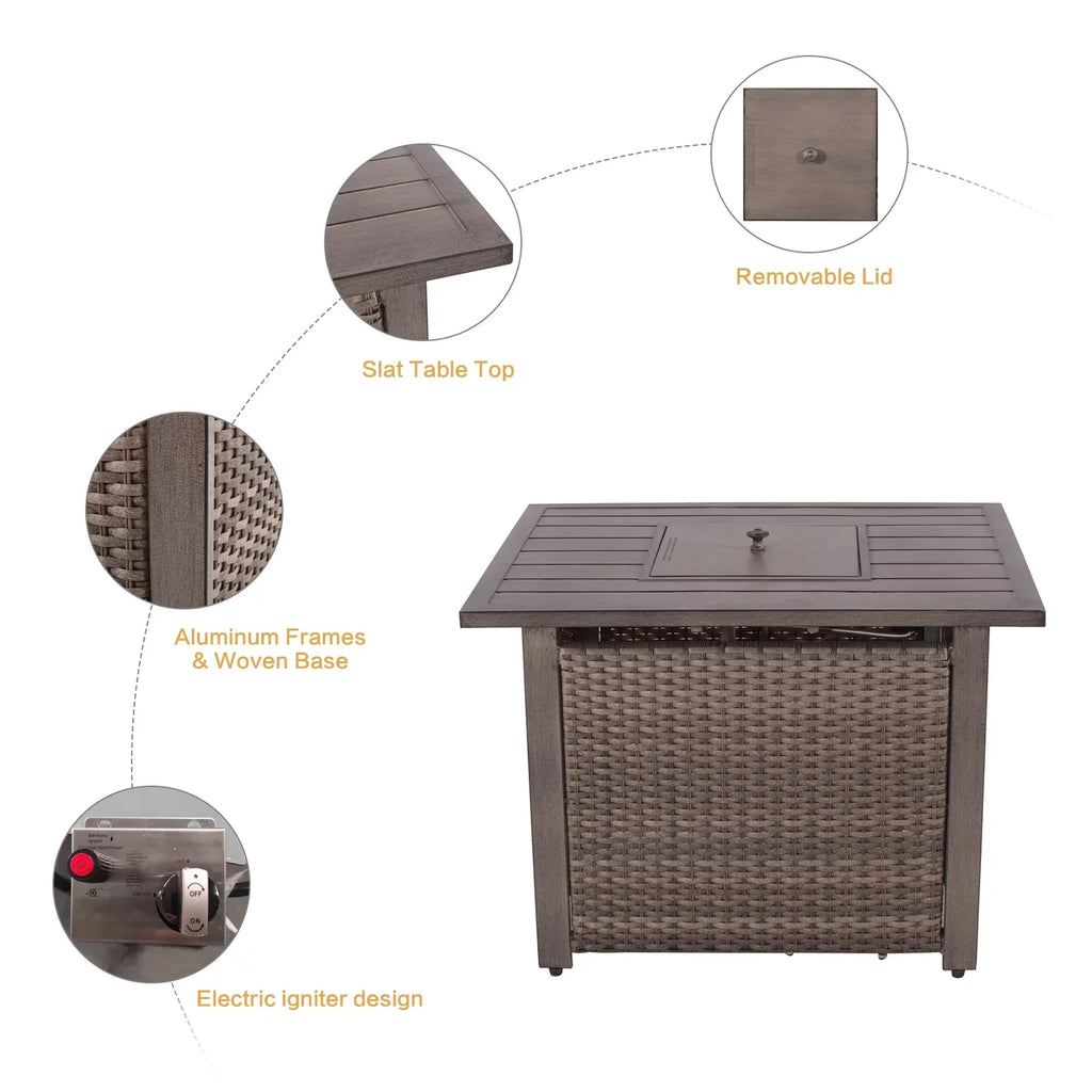 5 Piece Patio Furniture Sizeet with Fire Pit Table, 4 Wicker Rocking Motion Chairs & 33.8"x27.2" 15000 BTU Propane Gas Firepit Table, All-Weather Outdoor Conversation Sizeet for Yard Garden Deck