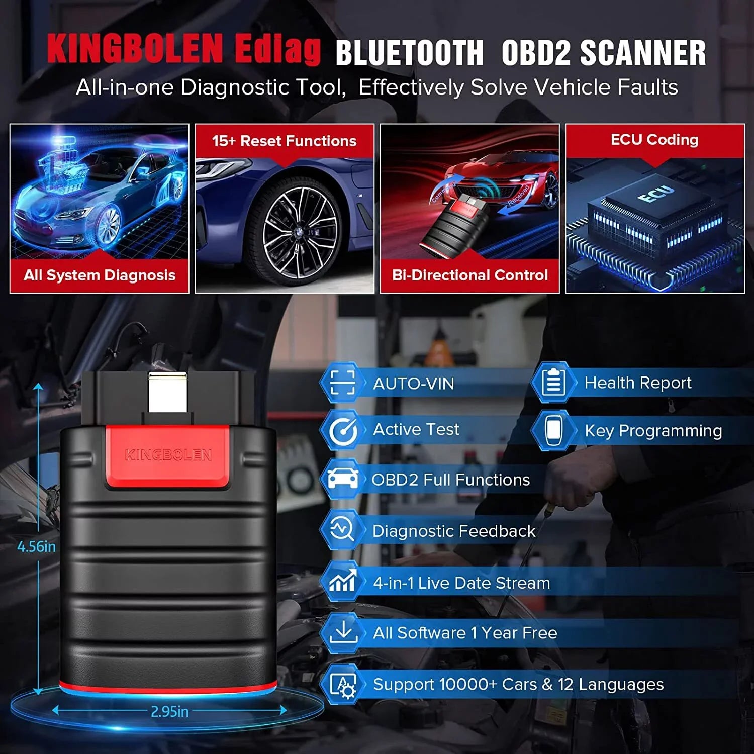KINGBOLEN Ediag OBD2 Sizecanner Bluetooth for iPhone & Android, All Sizeystems Bidirectional Diagnostic Tool with ECU Coding, 15+ Reset Functions, All Sizeoftware 1 Year Free