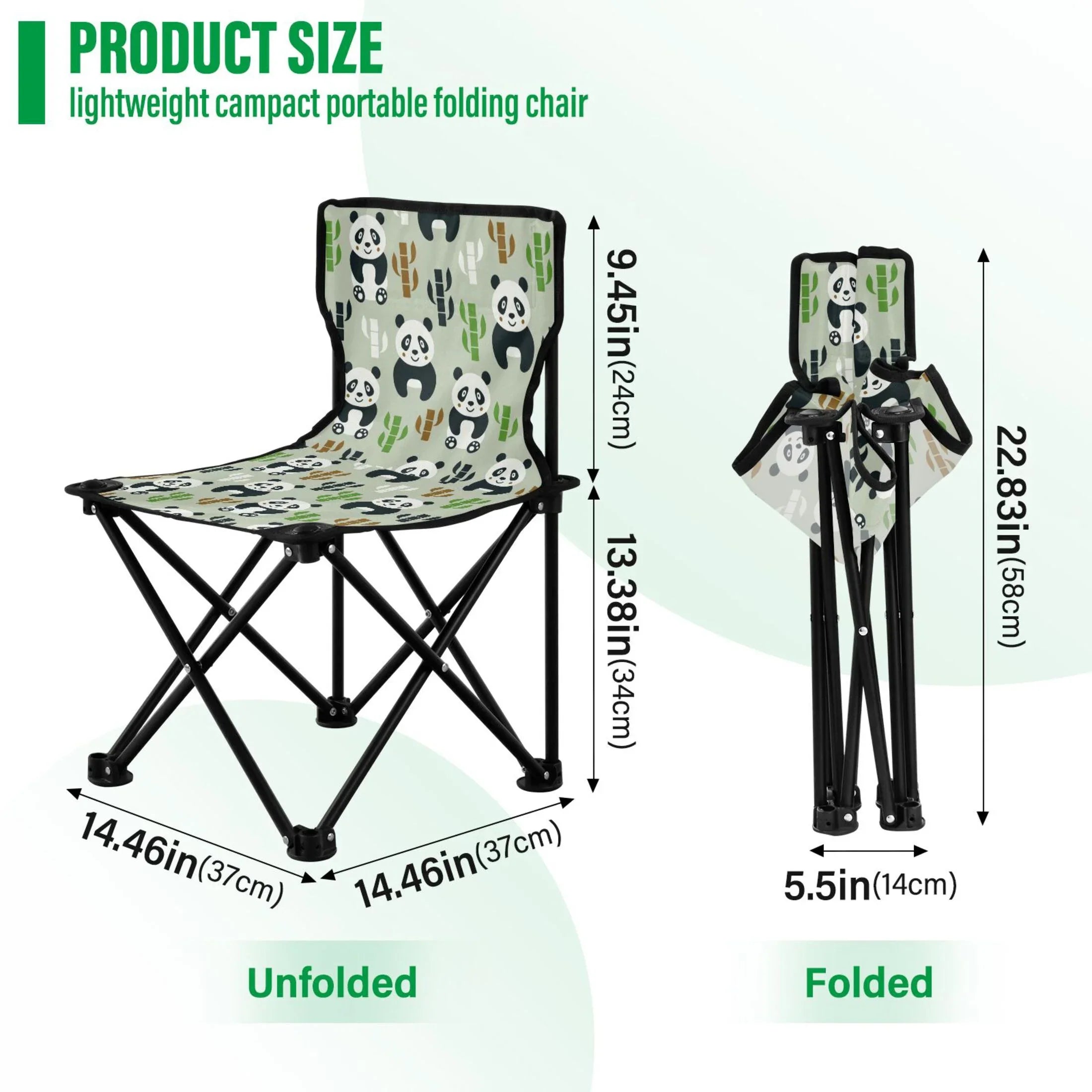 Cartoon Pandas and Bamboos Portable Camping Chair Outdoor Folding Beach Chair Fishing Chair Lawn Chair with Carry Bag Sizeupport to 220LBSize