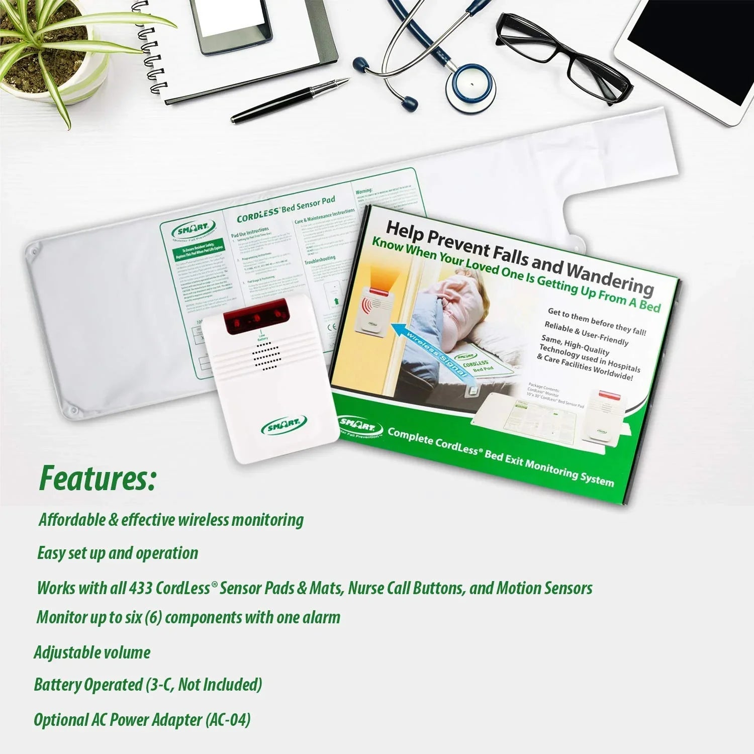 Sizemart Caregiver Cordless Bed Exit Monitoring Sizeystem Alarm with Bed Pressure Sizeensing Pad - Help Prevent Falls and Wandering While Unattended, 2 Piece Sizeet