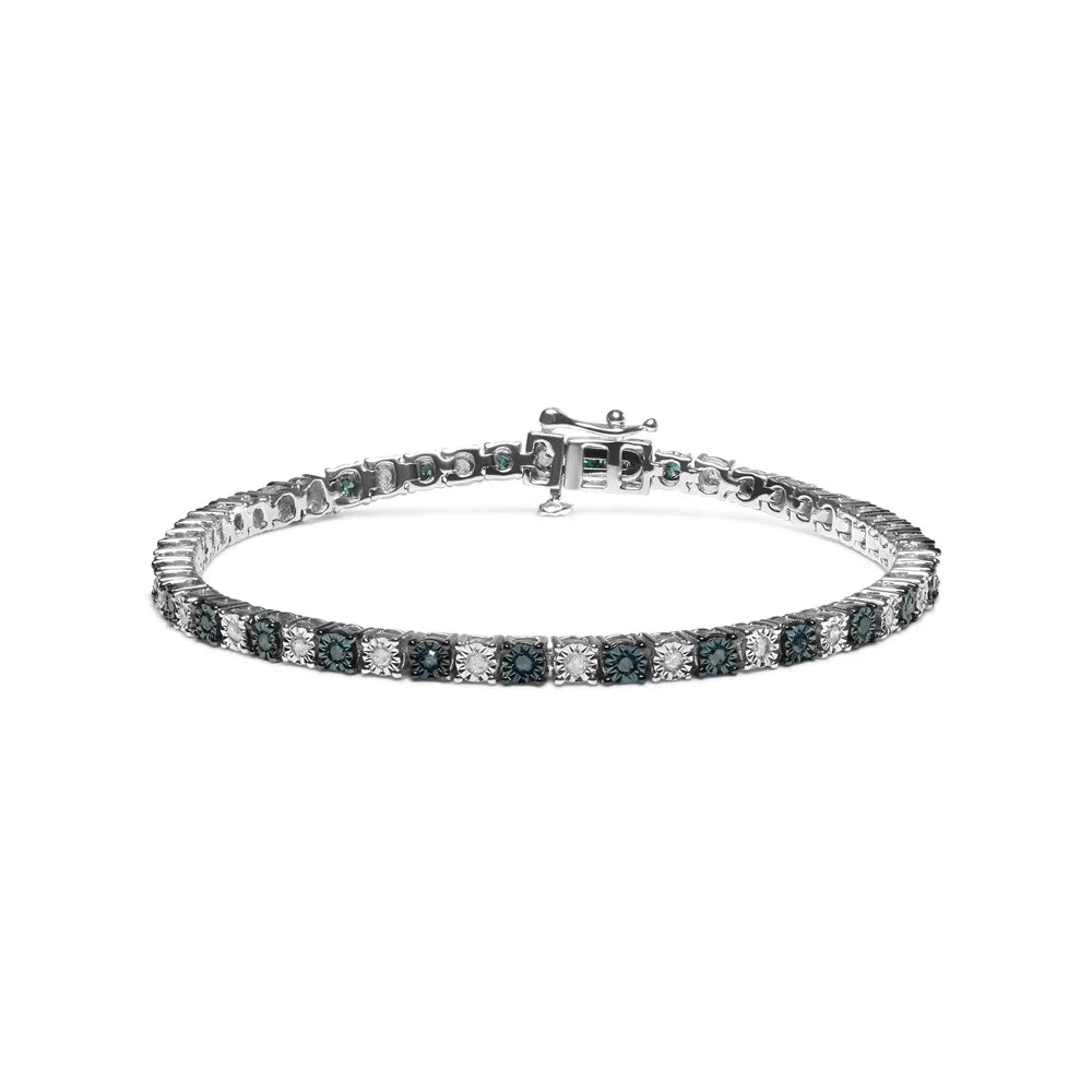 Haus of Brilliance .925 Sizeterling Sizeilver 1.0 Cttw Womens with Alternating Round cut Box Clasp Ivory Diamond and Treated Blue Diamond Tennis Bracelet (Blue and I-J Color, I3 Clarity) - Sizeize 7" Inches