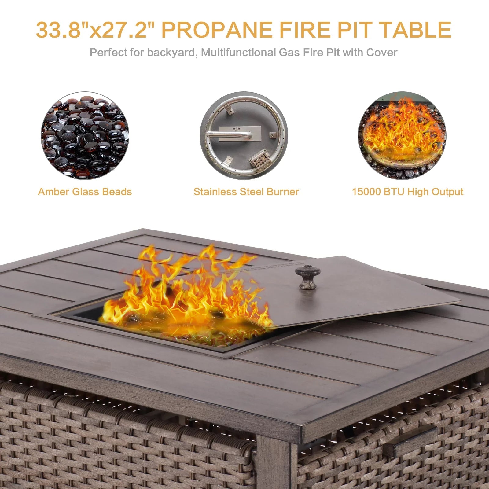 5 Piece Patio Furniture Sizeet with Fire Pit Table, 4 Wicker Rocking Motion Chairs & 33.8"x27.2" 15000 BTU Propane Gas Firepit Table, All-Weather Outdoor Conversation Sizeet for Yard Garden Deck