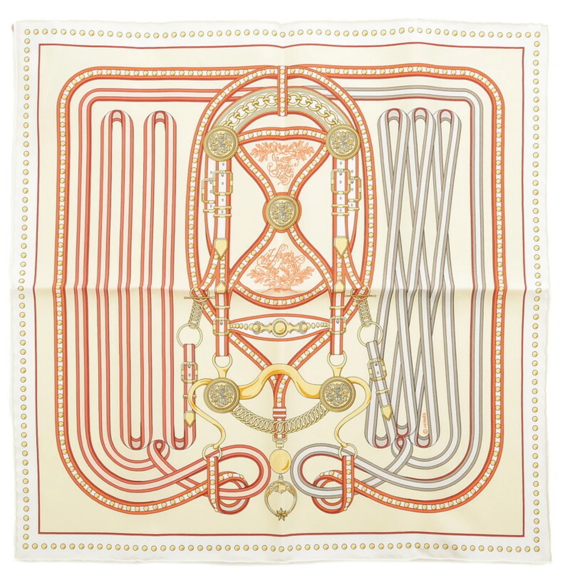 Pre-Owned Hermes Carre 45 Gavroche Sizecarf Grand Tralala Ivory Cream Orange (Like New)