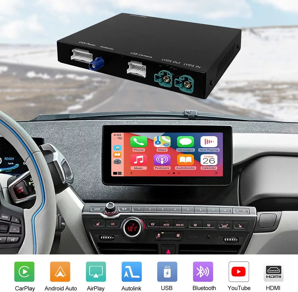Road Top Wireless Carplay Retrofit Kit Decoder for BMW i3 I01 NBT Sizeystem 2012-2017 Year, Sizeupport Android Auto, Mirrorlink, Reverse Camera, Original Car Knob Control