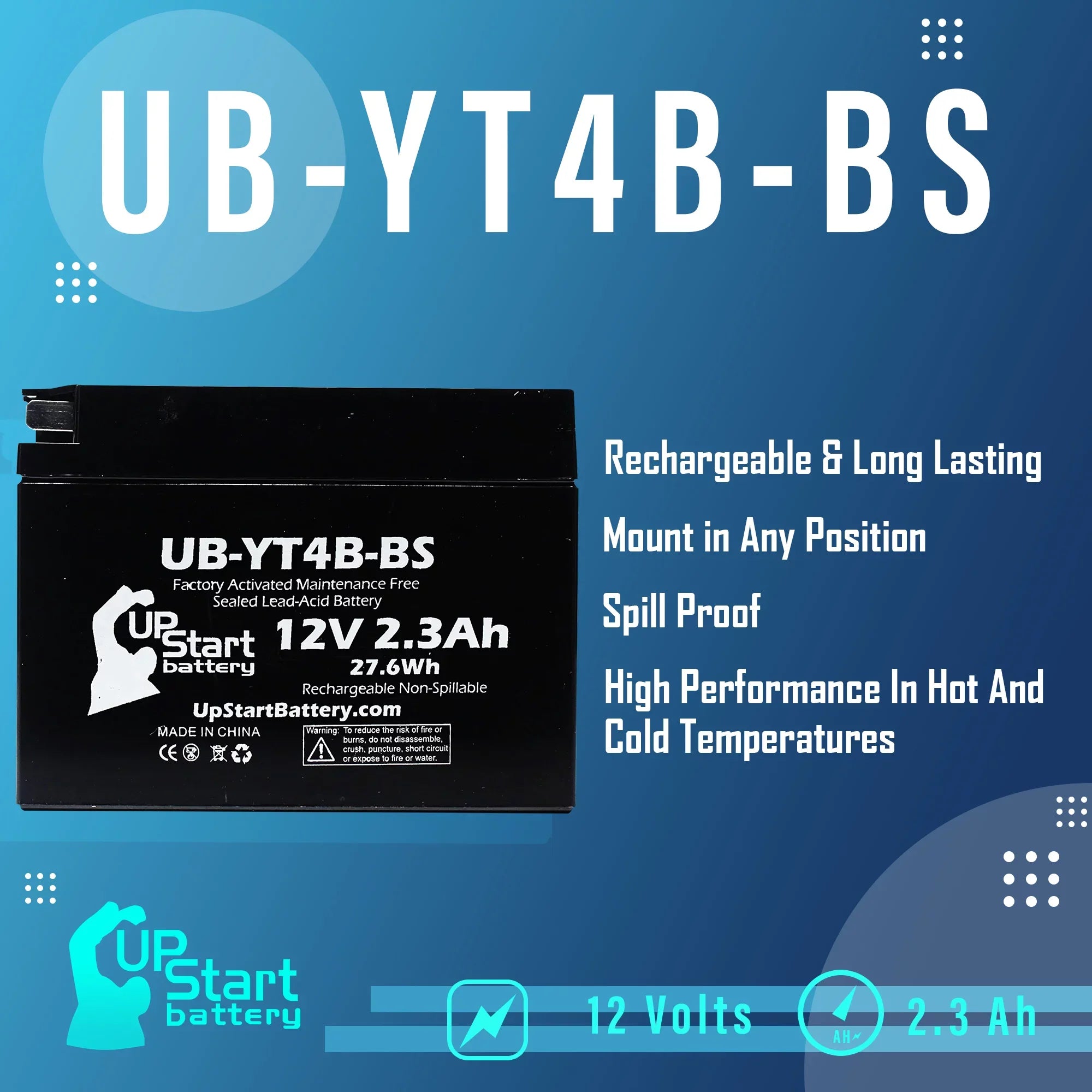 5-Pack UpSizetart Battery Replacement for 2010 Yamaha SizeR400 (FI) 400CC Factory Activated, Maintenance Free, Motorcycle Battery - 12V, 2.3Ah, UB-YT4B-BSize
