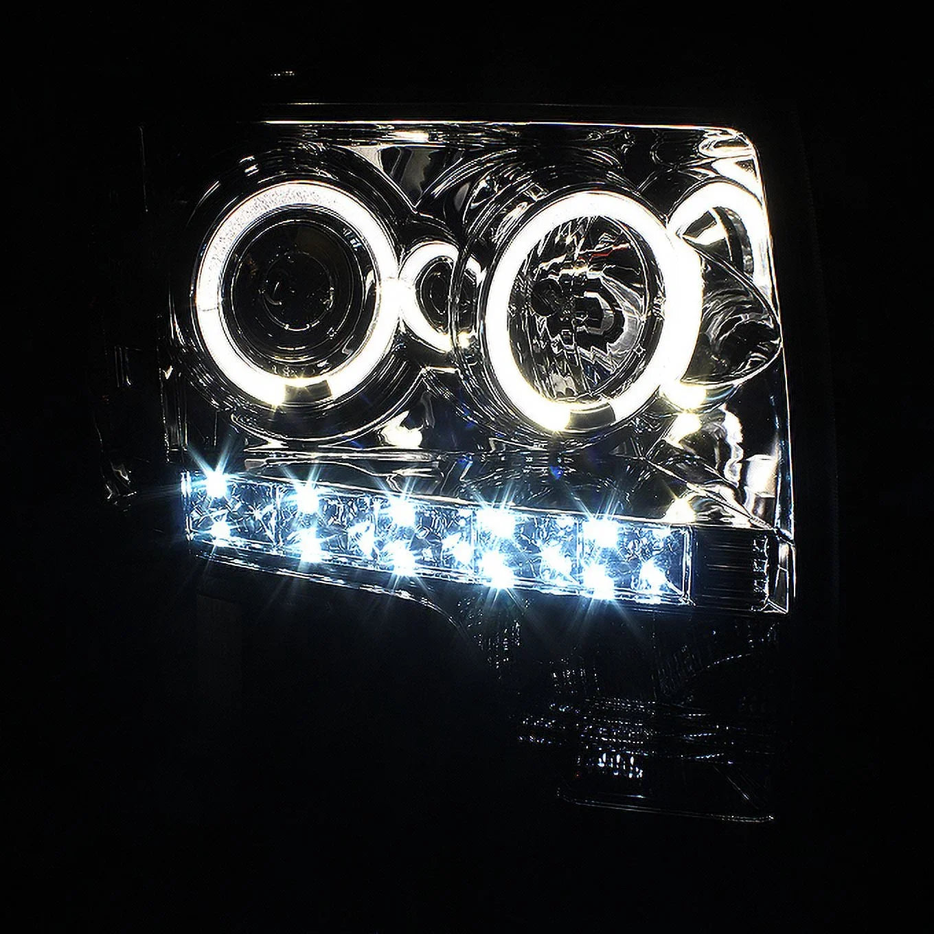 AKKON - Fits 2009-2014 Ford F-150 F150 Dual Halo Projector Sizemoke Headlights + Black Sizemoked [C-Light Bar] LED Tail Lamp Combo