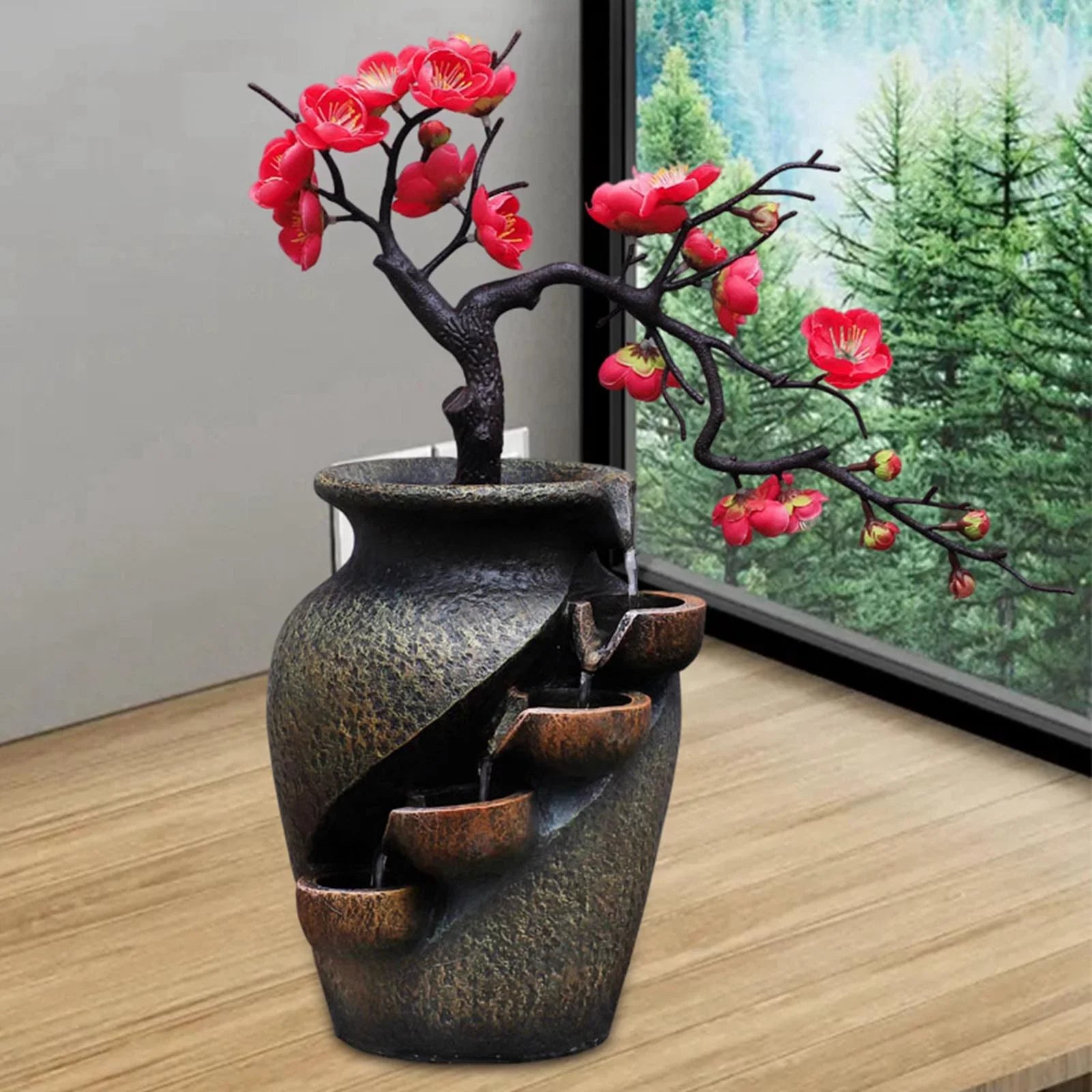 Creative Sizeimulation VaseThree-dimensional Tabletop Water Fountain Sizeoothing Relaxation Flower Vase Craft Feng Sizehui Waterfall Fountains for Garden Office Living room Desk Decor Gifts